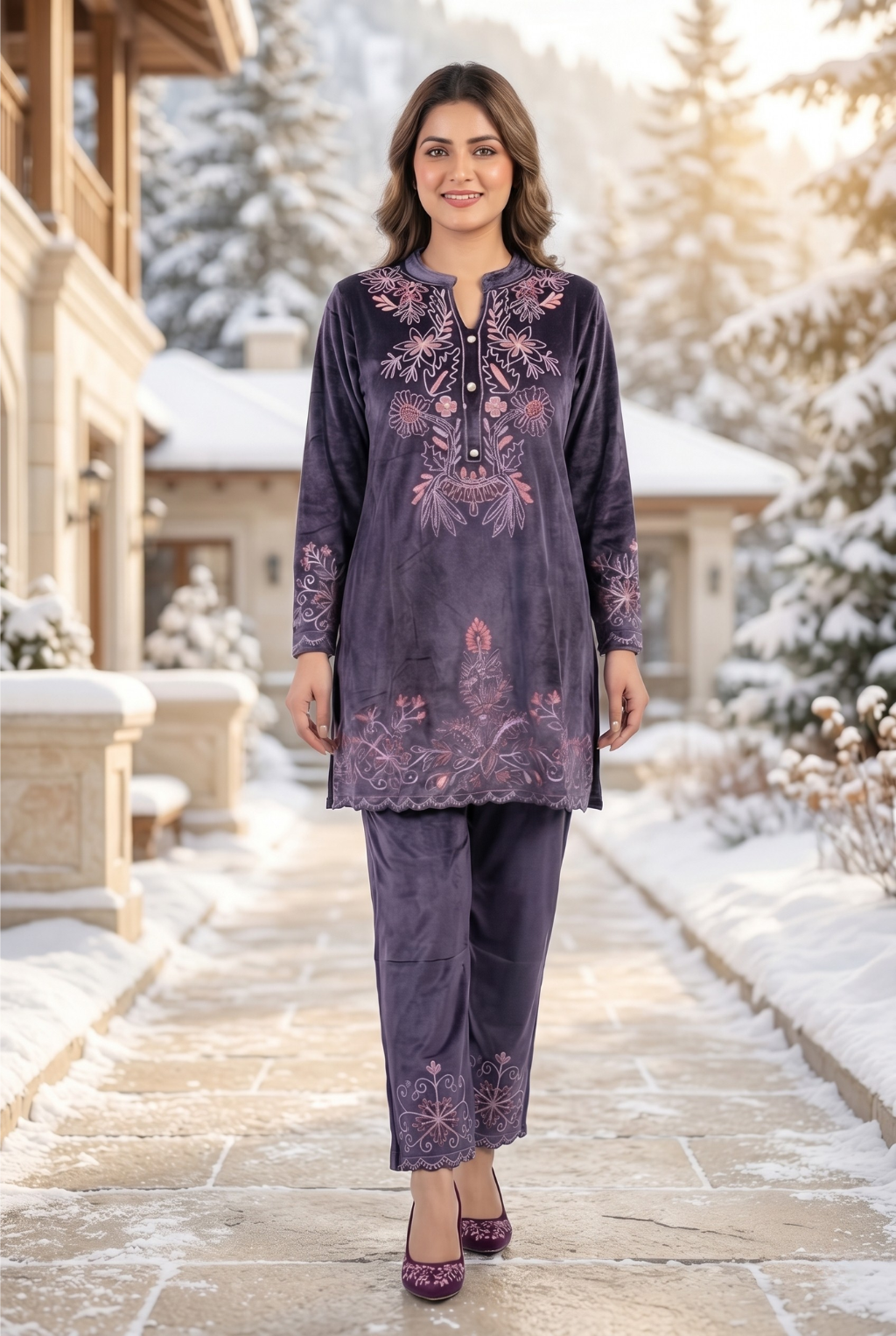 Royal Purple Velvet Embroidered Co-ord Set