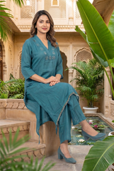 Teal Blue Chinon Mirror Work Asymmetric Kurta Set