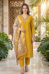Radiant Zari Embroidered Chinon Suit Set with Contrast Dupatta