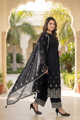 Midnight Noir Floral Embroidered Pintuck Suit Set