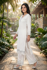 Pristine Radiance White Mirror Work & Chikankari Kurta Set