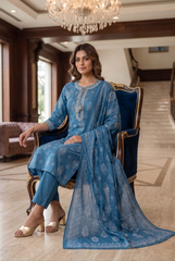 Pure Cotton Slate Blue Paisley Print Kurta Set with Matching Cotton Dupatta