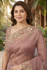 Dusty Rose Crushed Tissue Silk Saree with Floral Scalloped Borders