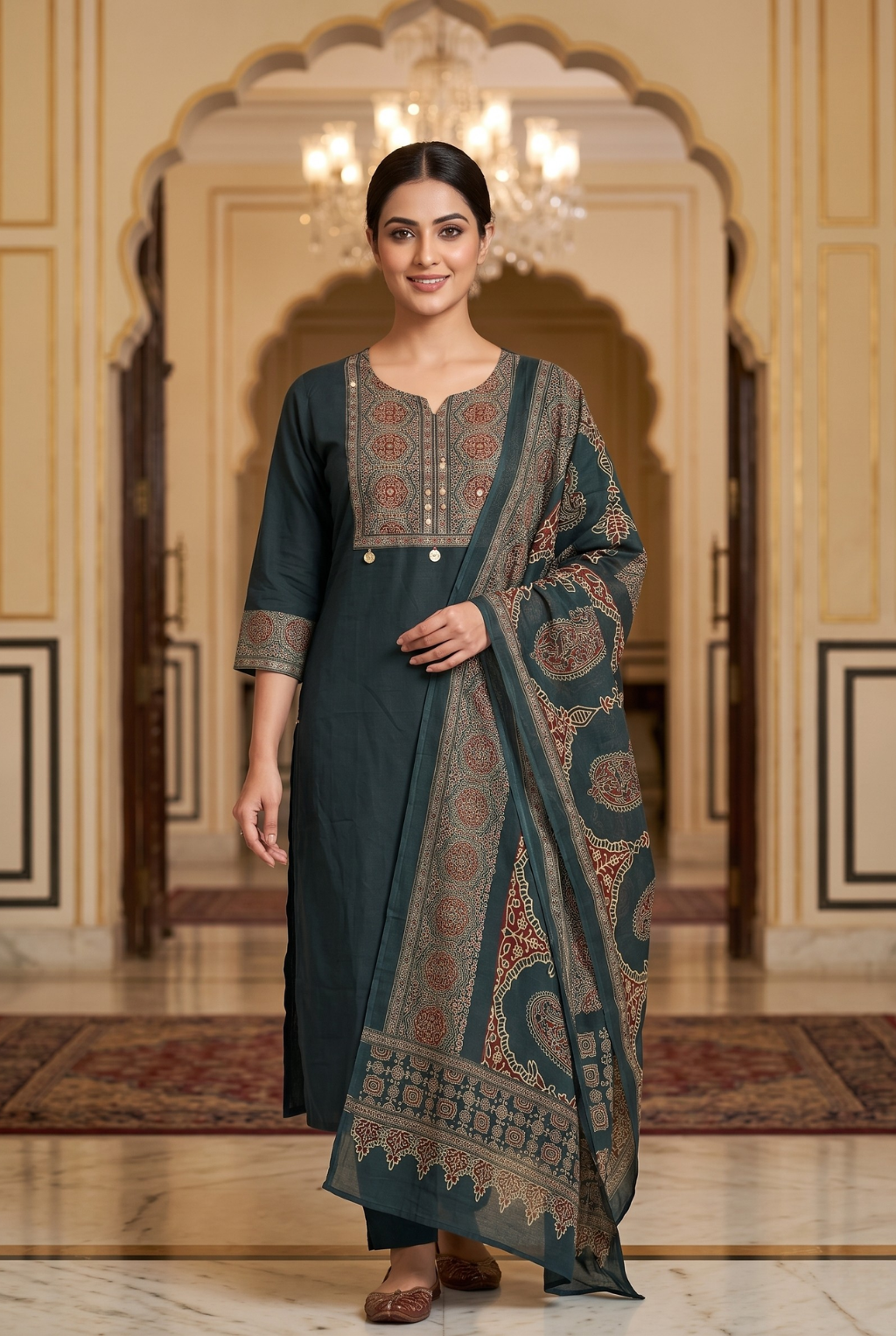 Midnight Teal Heritage Yoke Straight Kurta Set with Paisley Dupatta