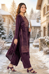 Royal Plum Velvet Embroidered Co-ord Set with Palazzo