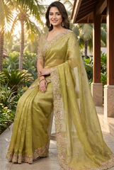 Olive Green Shimmer Tissue Saree with Pink Floral Embroidery