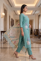 Elegant Teal Leaf Embroidered Kurta & Pants Set with Sheer Dupatta