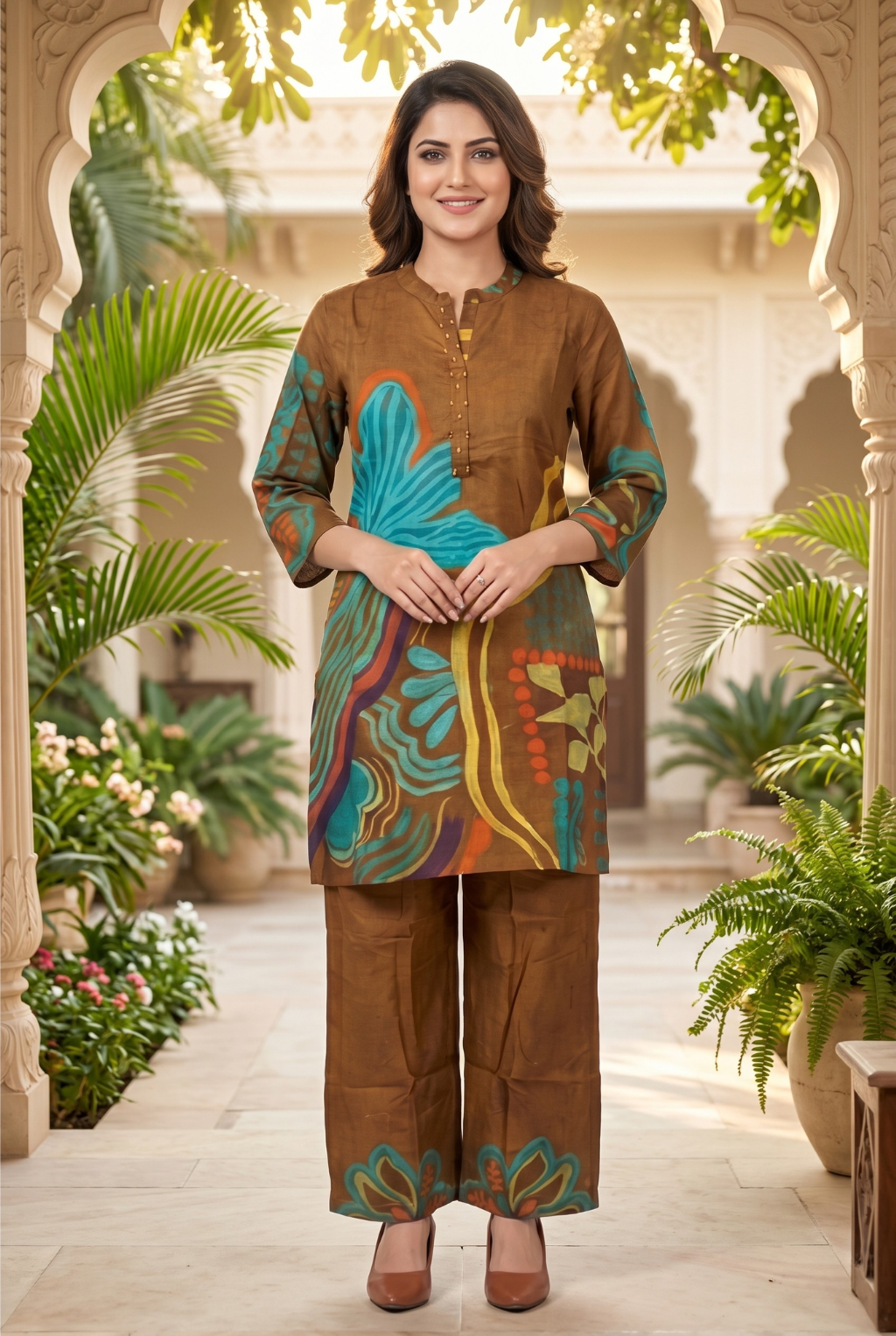 Earthy Brown & Teal Abstract Floral Print Coord Set