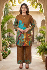 Earthy Brown & Teal Abstract Floral Print Coord Set
