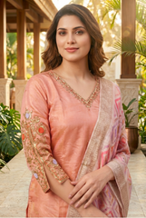 Peach Radiance Silk Suit Set with Geometric Zari Dupatta