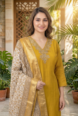 Radiant Zari Embroidered Chinon Suit Set with Contrast Dupatta