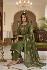 Olive Green Floral Embroidered Kurta Set with Tassels