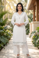 Pristine Radiance White Mirror Work & Chikankari Kurta Set