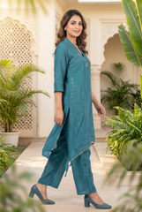 Teal Blue Chinon Mirror Work Asymmetric Kurta Set