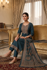 Midnight Teal Heritage Yoke Straight Kurta Set with Paisley Dupatta
