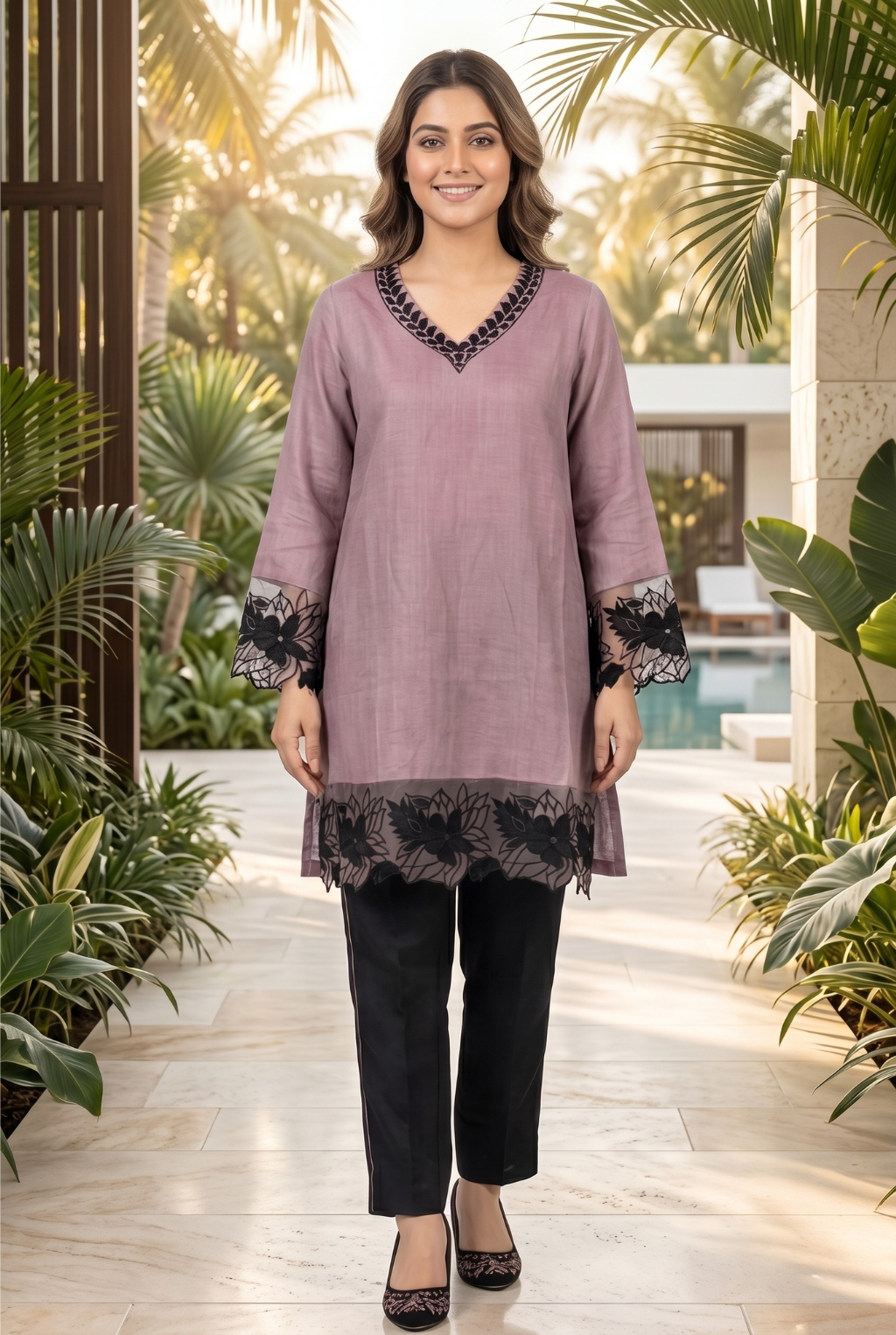 Jute Cotton Coord Set with Black Cutwork Embroidery