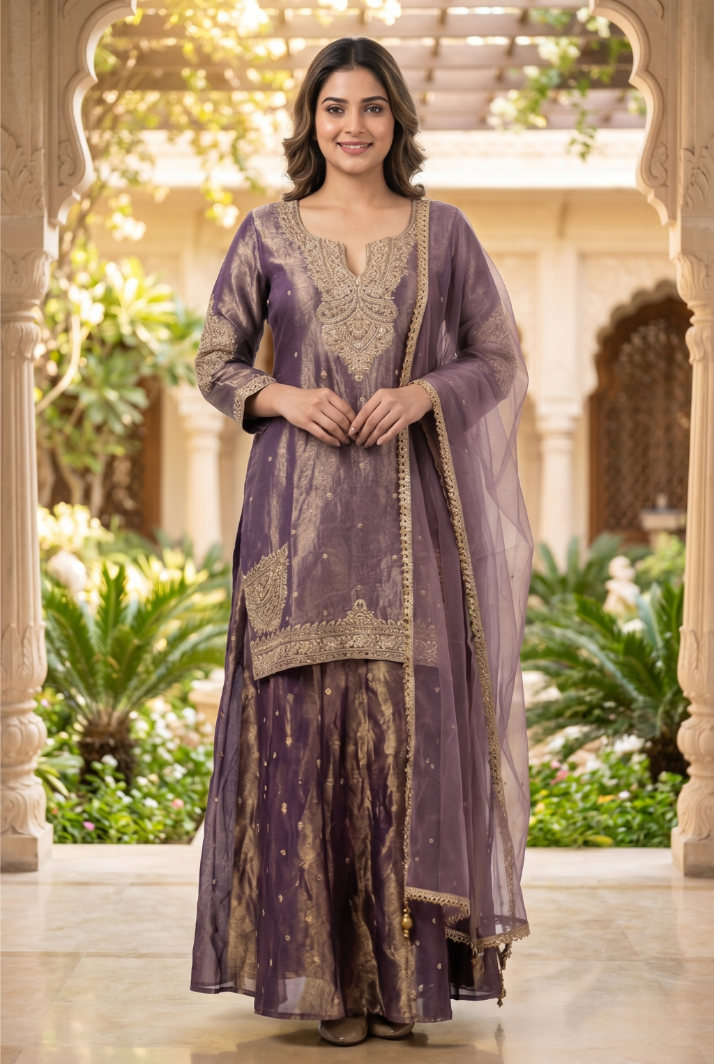 Regal Tissue Silk Sharara Set with Gold Zari Embroidery