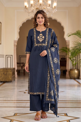 Navy Blue Floral Embroidered Cotton Kurta Set