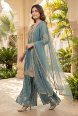 Regal Tissue Silk Sharara Set with Gold Zari Embroidery