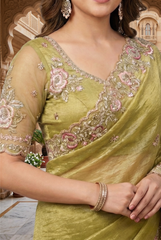 Olive Green Shimmer Tissue Saree with Pink Floral Embroidery