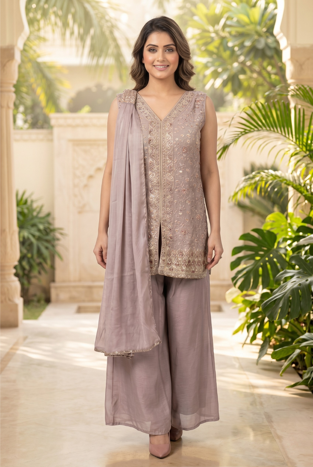 Embroidered Chinon Georgette Palazzo Suit Set