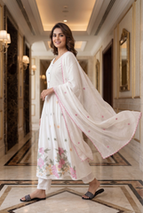 Pinstripe & Floral Cotton-Linen Anarkali Kurta Palazzo Set