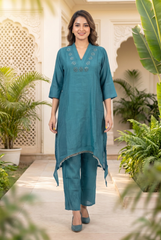 Teal Blue Chinon Mirror Work Asymmetric Kurta Set