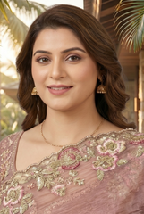 Dusty Rose Crushed Tissue Silk Saree with Floral Scalloped Borders