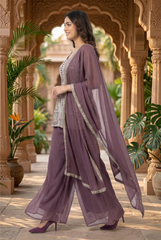 Mauve Silver Embroidered Peplum and Palazzo Set