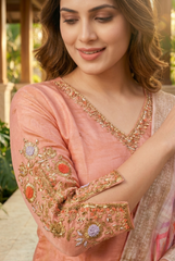 Peach Radiance Silk Suit Set with Geometric Zari Dupatta