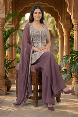 Mauve Silver Embroidered Peplum and Palazzo Set