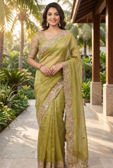 Olive Green Shimmer Tissue Saree with Pink Floral Embroidery