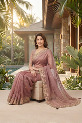 Dusty Rose Crushed Tissue Silk Saree with Floral Scalloped Borders