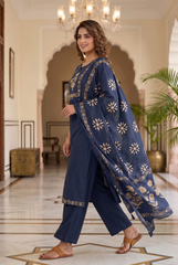 Navy Blue Floral Embroidered Cotton Kurta Set