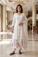 Pinstripe & Floral Cotton-Linen Anarkali Kurta Palazzo Set