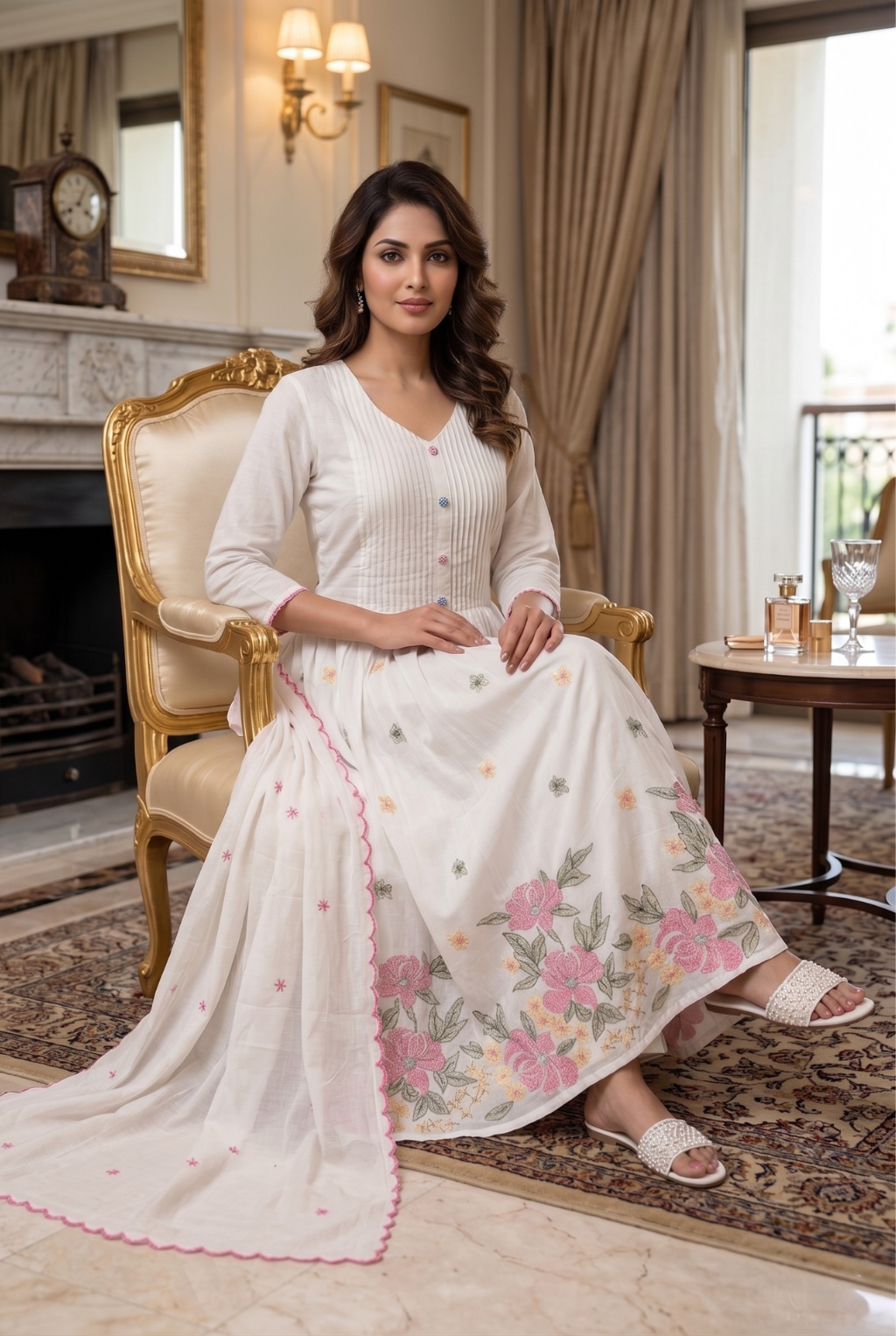 Pinstripe & Floral Cotton-Linen Anarkali Kurta Palazzo Set