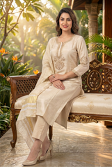 Champagne Gold Embroidered Silk Suit Set