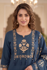 Navy Blue Floral Embroidered Cotton Kurta Set