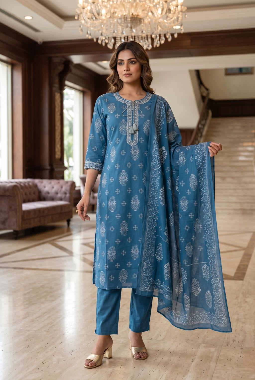 Pure Cotton Slate Blue Paisley Print Kurta Set with Matching Cotton Dupatta