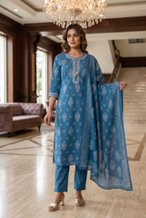 Pure Cotton Slate Blue Paisley Print Kurta Set with Matching Cotton Dupatta