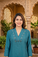 Teal Blue Chinon Mirror Work Asymmetric Kurta Set