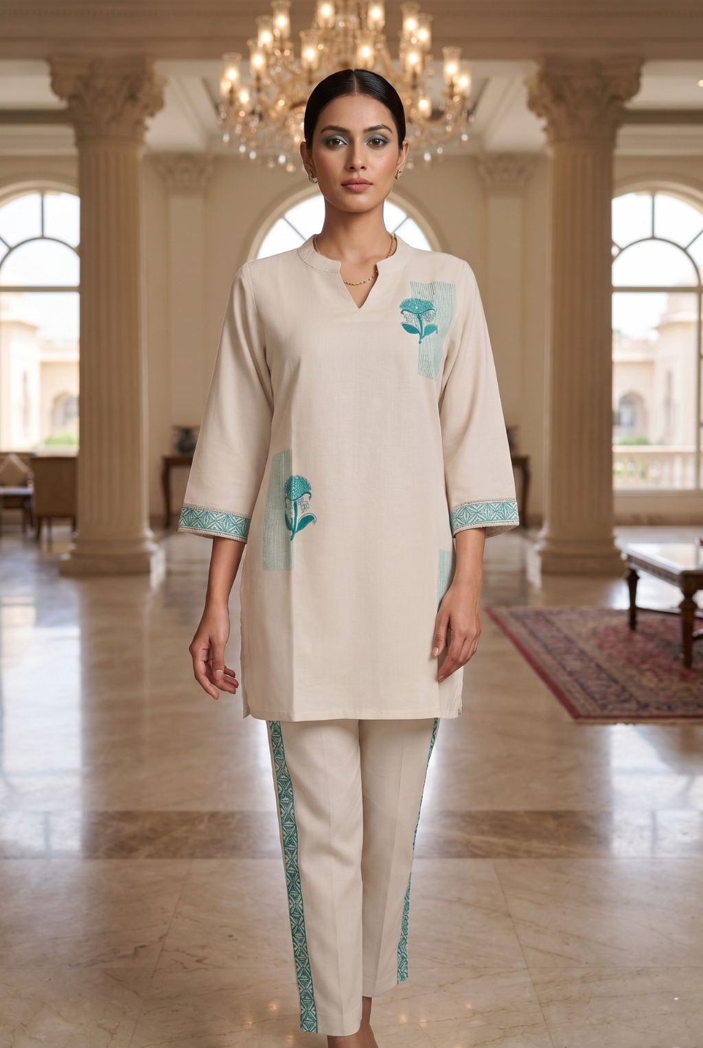 Ivory & Teal Blossom Co-ord Set